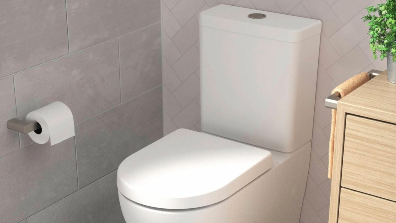A Caroma toilet from the Luna range in a tiled corner of a bathroom next to a timber vanity with a toilet-roll holder on the wall