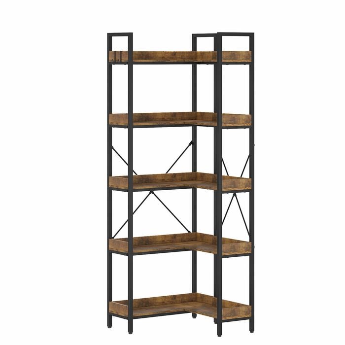 Advwin 5-Tier Corner Bookshelf L Shaped Bookcase Walnut