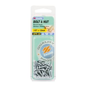Zenith 1/8" x 12mm Zinc Plated Round Head Bolt And Nut - 30 Pack