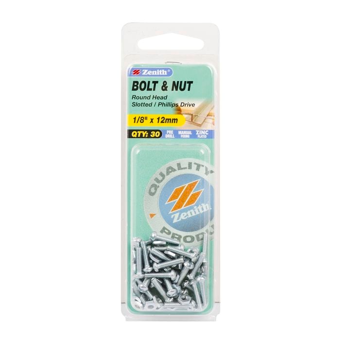 Zenith 1/8" x 12mm Zinc Plated Round Head Bolt And Nut - 30 Pack