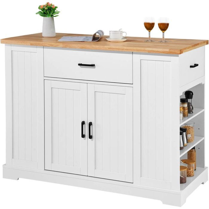 Vevor Kitchen Island Cart Storage Cabinet White Serving Cart with Drawer and Shelves
