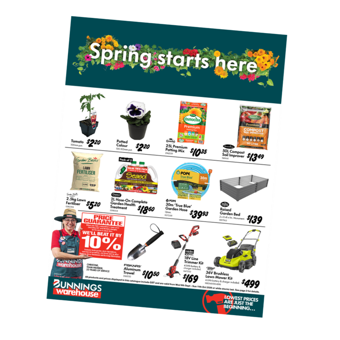 Bunnings Warehouse spring catalogue promotional graphic featuring the headline “Spring starts here” surrounded by colourful flowers. The catalogue showcases gardening products including tomato seedlings, potted flowers, potting mix, compost, lawn fertiliser, garden treatment, garden hose, raised garden bed, hand trowel, line trimmer and lawn mower, alongside promotional pricing and a Bunnings Warehouse price guarantee message.