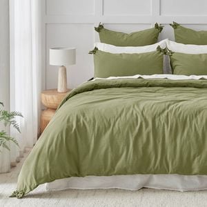 Dreamaker Bonnie Washed Cotton Quilt Cover Set With Bows Olive King Bed