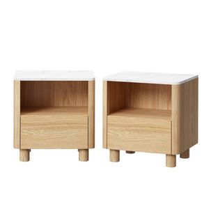 Oikiture 2pc Bedside Table Nightstand One Drawer Open Shelf Handle-Free Natural