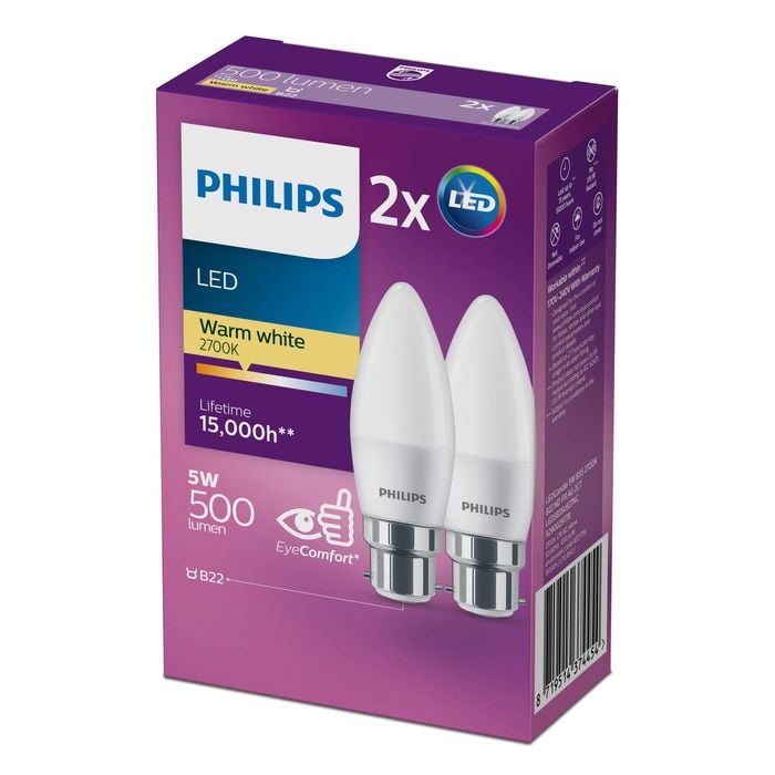 Philips P45 B22 LED 500Lm Warm White 5W Candle - 2 Pack