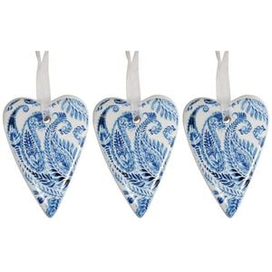 3x Ceramic Hanging 6x8cm Gift Tag Heart Indigo For You Ornament w/ Hanger Decor
