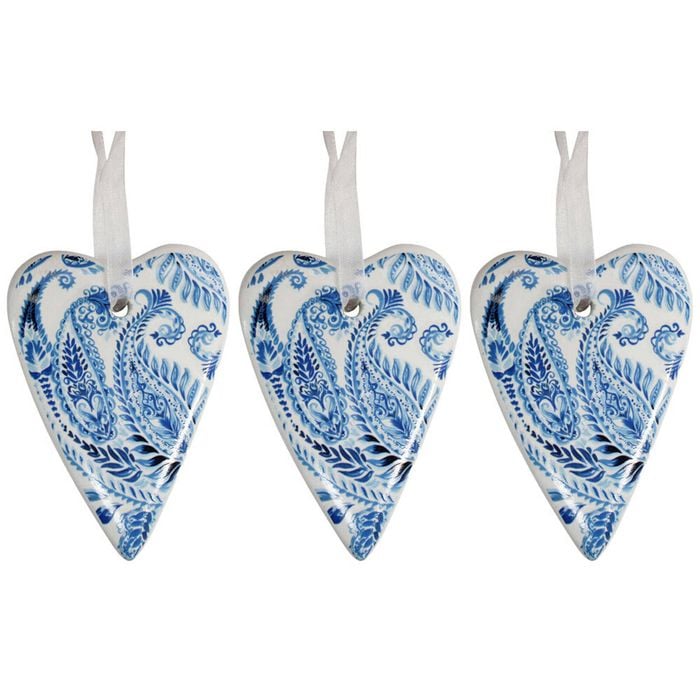 3x Ceramic Hanging 6x8cm Gift Tag Heart Indigo For You Ornament w/ Hanger Decor