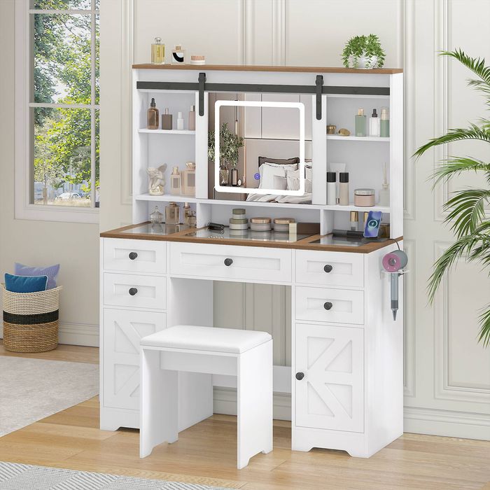 Advwin Farmhouse Makeup Vanity Desk with Sliding LED Mirror & Glass Tabletop Barn Door, Charging Station
