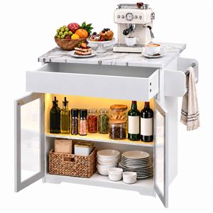 Ufurniture Kitchen Island Cart with Charging Station, LED Light, Drawer, Multi-tier Cabinet Foldable Extension Table White