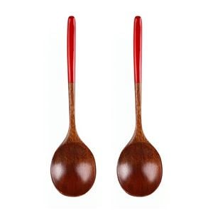 Anygleam Brown Red 2pcs Wooden Ramen Spoon Long Kitchen Tableware