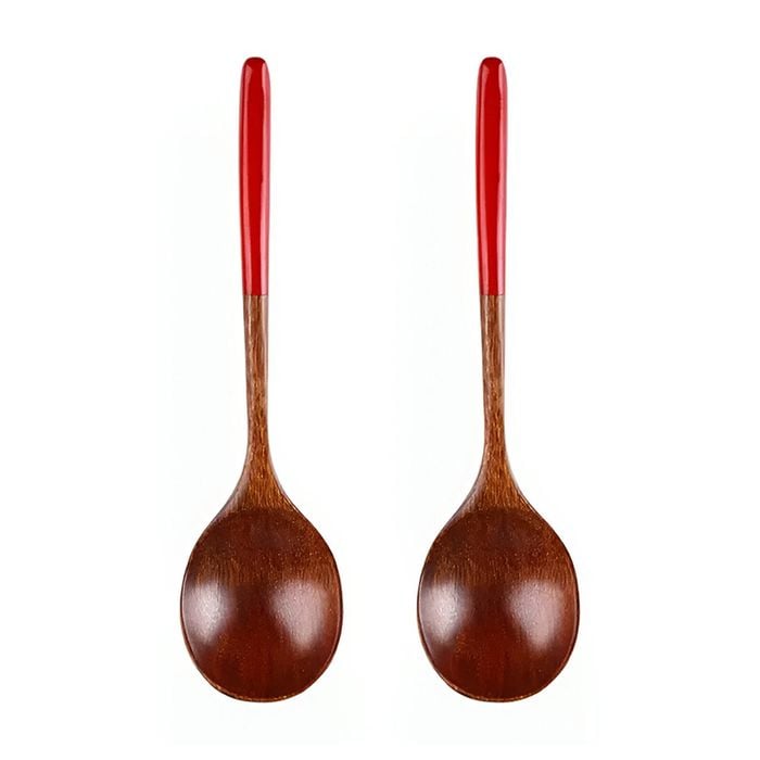 Anygleam Brown Red 2pcs Wooden Ramen Spoon Long Kitchen Tableware