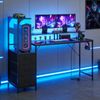 Ufurniture 150cm LED Gaming Desk w/ Power Outlets Reversible Carbon Fiber Computer Table with 3 Drawer & Raised PC Shelf Black