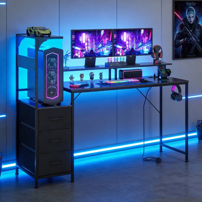 Ufurniture 150cm LED Gaming Desk w/ Power Outlets Reversible Carbon Fiber Computer Table with 3 Drawer & Raised PC Shelf Black