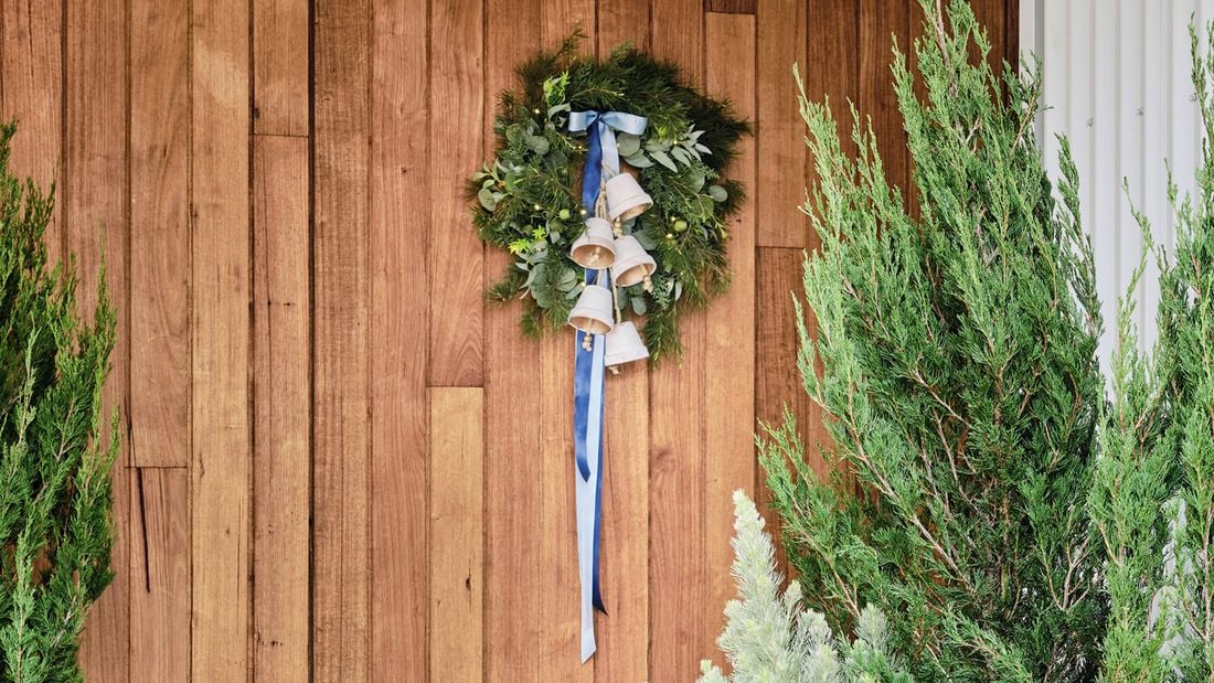 A green wreath with eucalyptus and small green berries, with white bells tied to long blue ribbons, hanging on a timber wall. Tall conifer plants on the right and lower left.