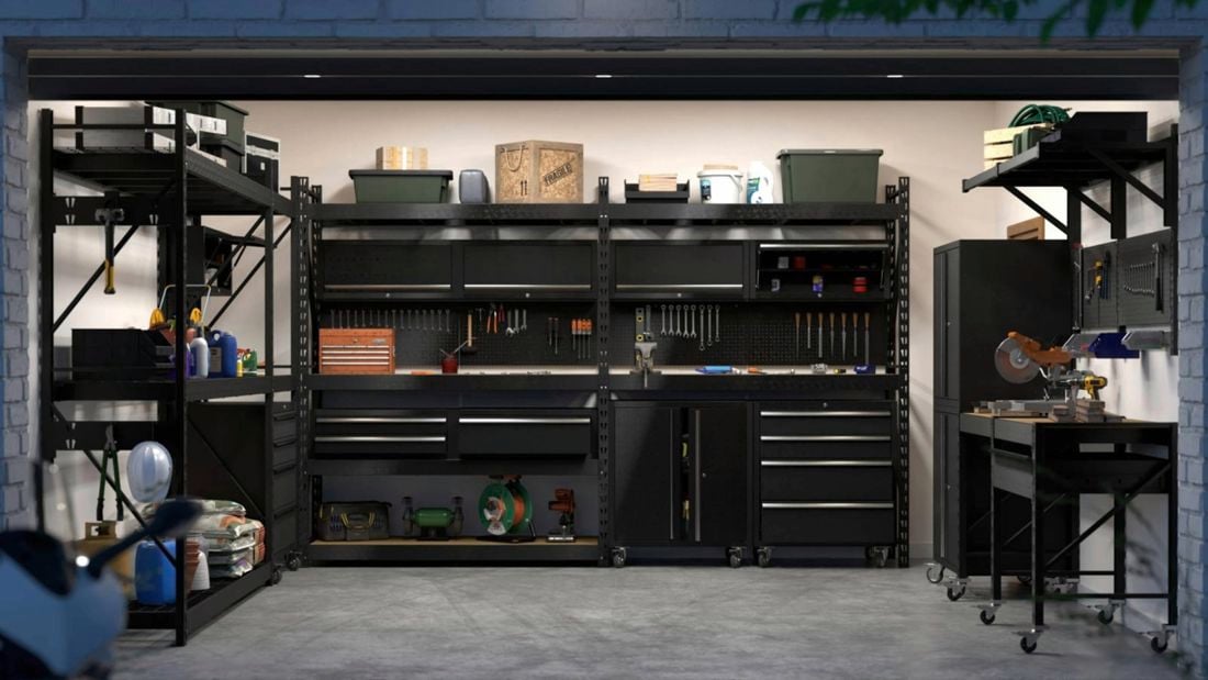 An image of a Rack It shelving unit inside an open garage