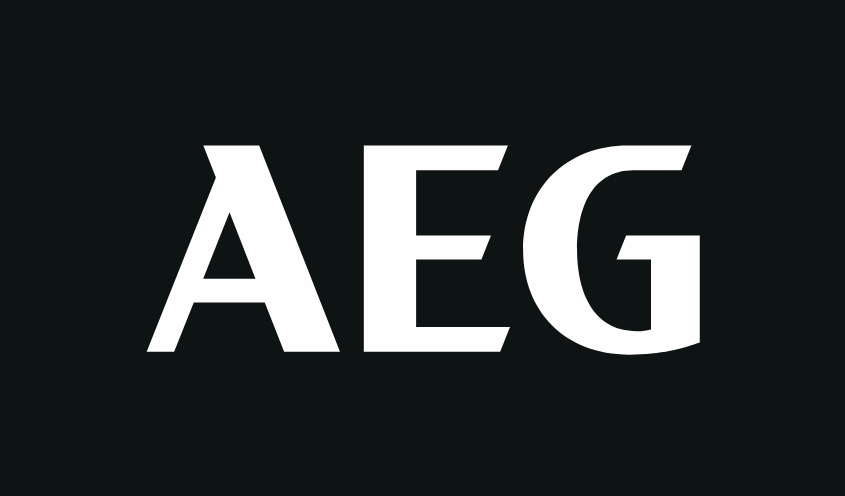 AEG logo in white writing and black background