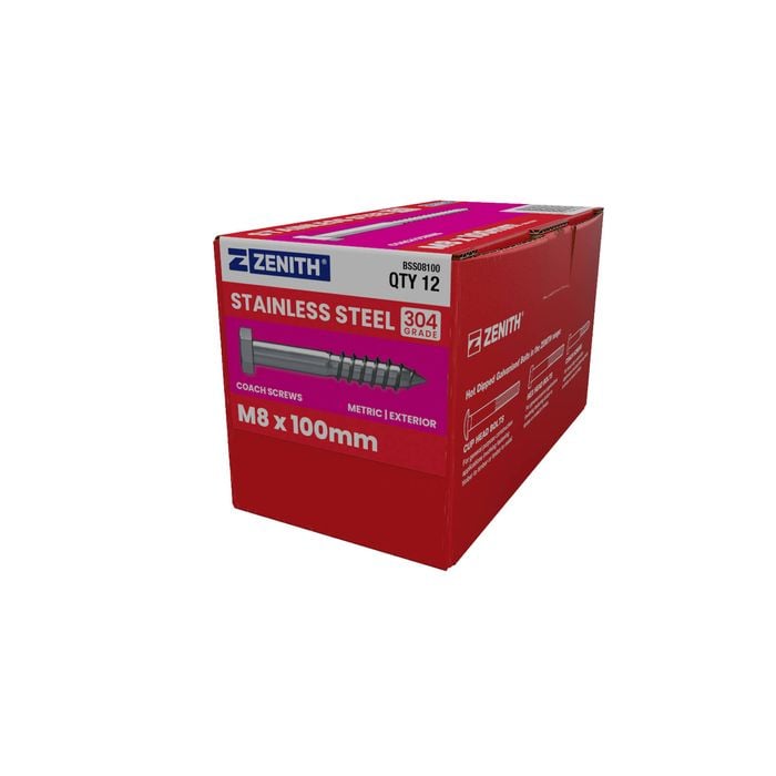 ZENITH M8 x 100mm Stainless Steel 304 Grade Hex Head Coach Screws - 12 Pack