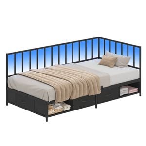 Ufurniture Single LED Corner Bed Frame with 3 Storage Drawers & 2 Cubbies, Industrial Storage L Shaped Bed