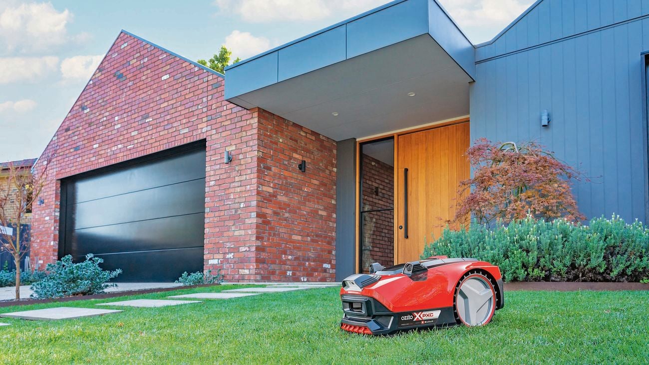 Small, red, cordless lawn mower with Ozito branding sits outside on green grass