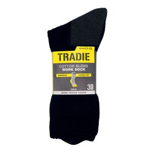 Tradie Men's Black Work Cotton Blend Crew Socks 3 Pack Size 11-13