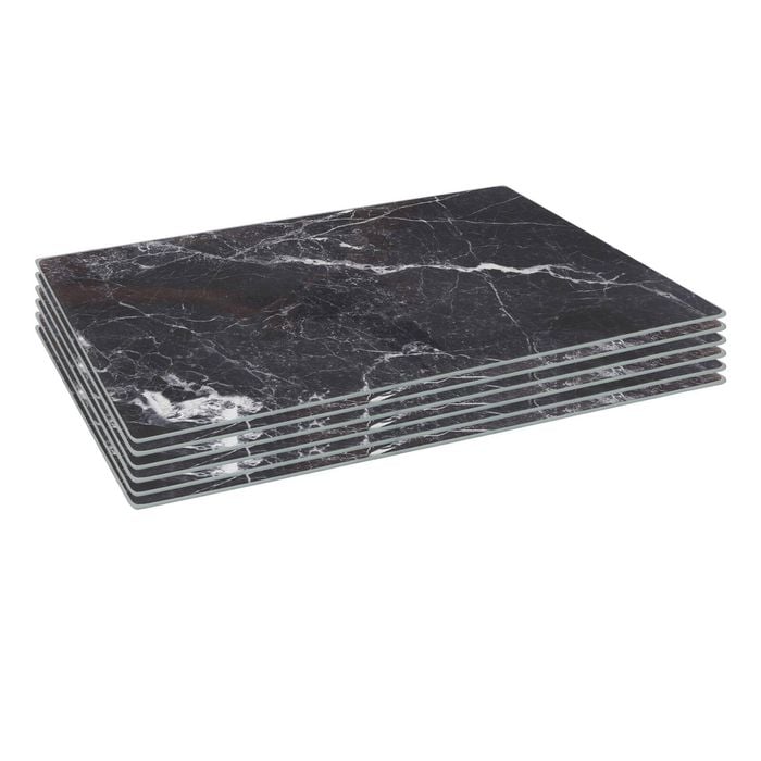6x Glass Placemats - 40 x 30cm - Black Marble Effect - Dining Table Place Mats Tabletop Protector for Kitchen Worktops
