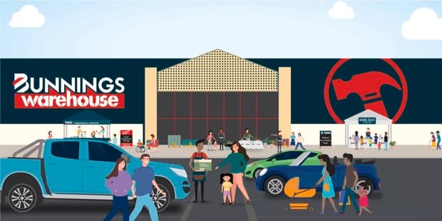 Cartoon image of a front of a Bunnings store with cars, people and Bunnings team members out the front.