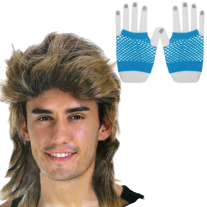 2Pcs Set Golden Blonde Bullet Wig + Fishnet Gloves 70s 80s Wos Costume Party Blue One Size Fits Most