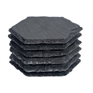 Argon Tableware 6x Hexagonal Slate Coasters - Drink Coasters Black Stone Natural Slate Rough Edge Drinks Mat Mug Glass Cup Mats