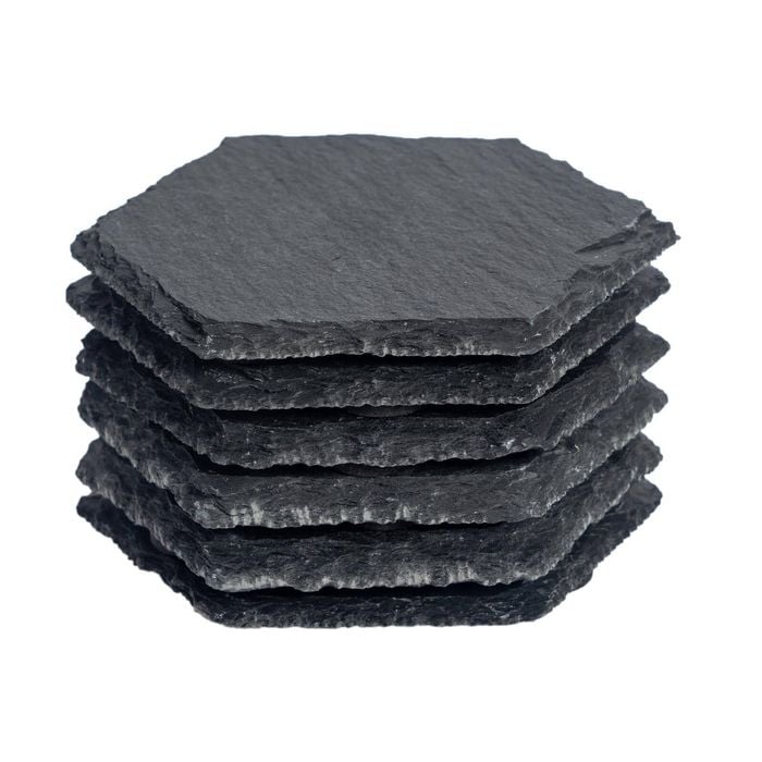 Argon Tableware 6x Hexagonal Slate Coasters - Drink Coasters Black Stone Natural Slate Rough Edge Drinks Mat Mug Glass Cup Mats