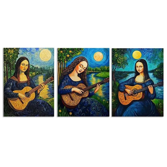 3pcs Mona Lisa plays guitar Print 100% Australian Made 3 x 40x60cm (Metal Print)