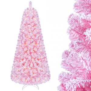 Costway 150cm Flocked Fir Christmas Tree Artificial Xmas Tree w/432 Full Branch Tips 160 LEDs-Pink