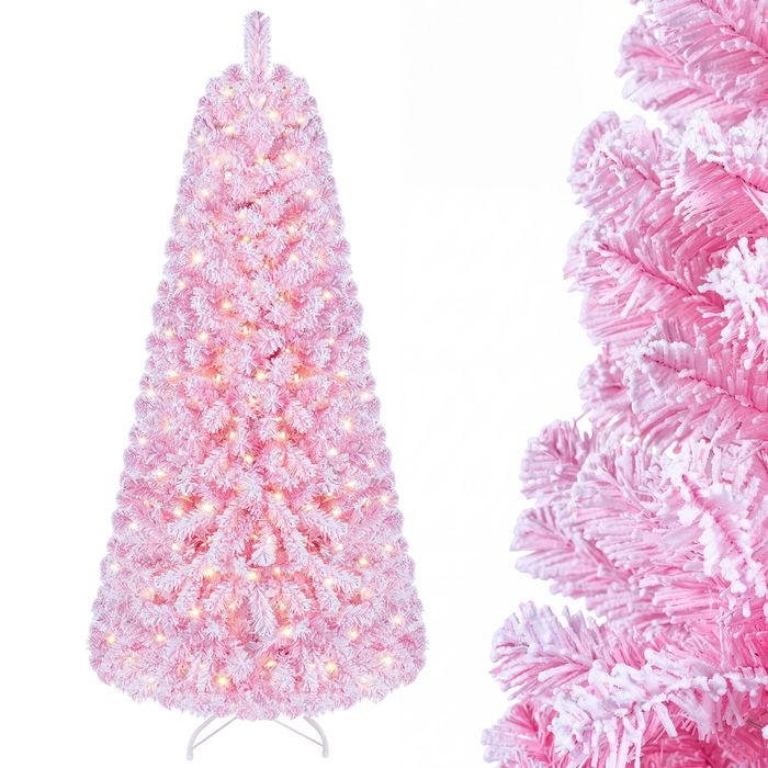 Costway 150cm Flocked Fir Christmas Tree Artificial Xmas Tree w/432 Full Branch Tips 160 LEDs-Pink