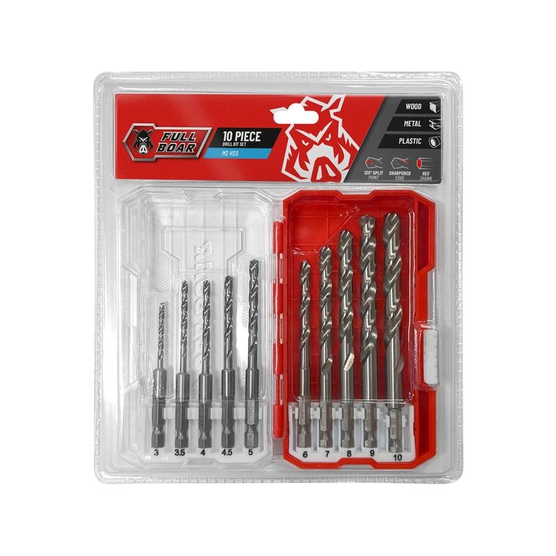 Full Boar 10 Piece Hex Shank M2 HSS Drill Bit Set