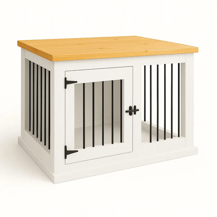 Paws and Willow Single Arctic White with Natural Top Wooden Dog Crate Hinged Door with Bars