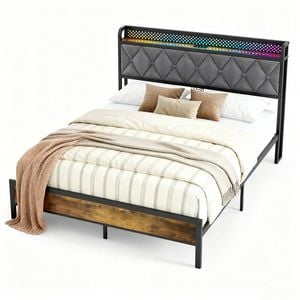 Advwin Queen Size Bed Frame Industrial with Headboard Storage Charging Station and LED Light