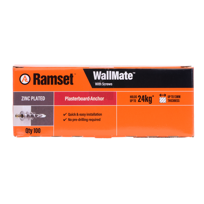 Ramset Zinc WallMate Plasterboard Anchor with Screws – 100 Pack 
