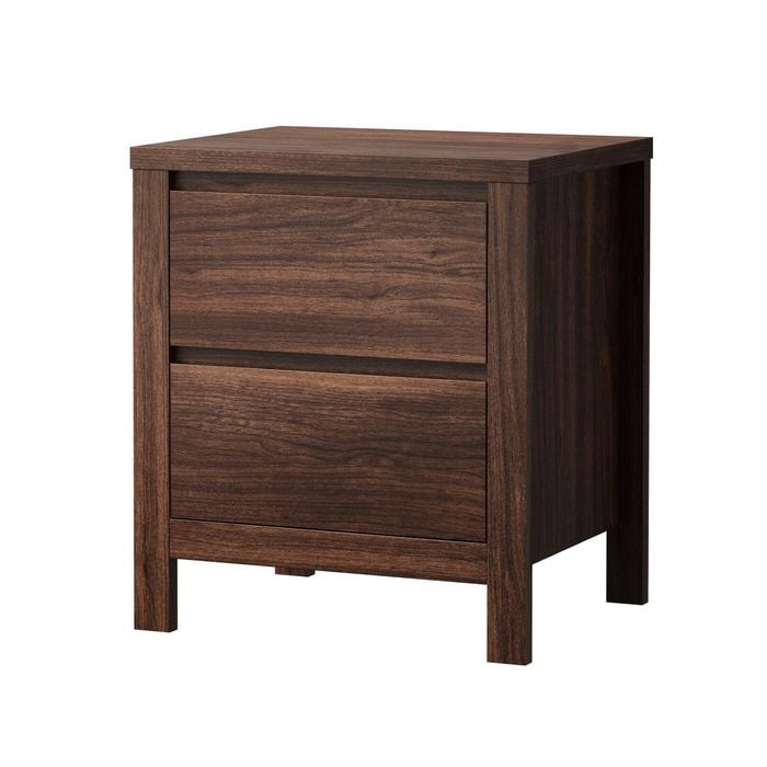 Oikiture 2pc Bedside Table 2 Drawers Storage Nightstand Handle-Free Walnut