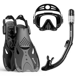EMSINA Snorkel Set Mask Fin Trek Fin Dry Top Snorkeling Gear Adults Travel Bag (Black SM)