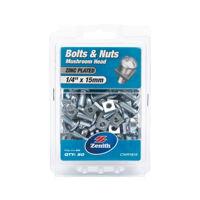 Zenith 1/4" x 15mm Zinc Plated Mushroom Head Bolts And Nuts - 50 Pack