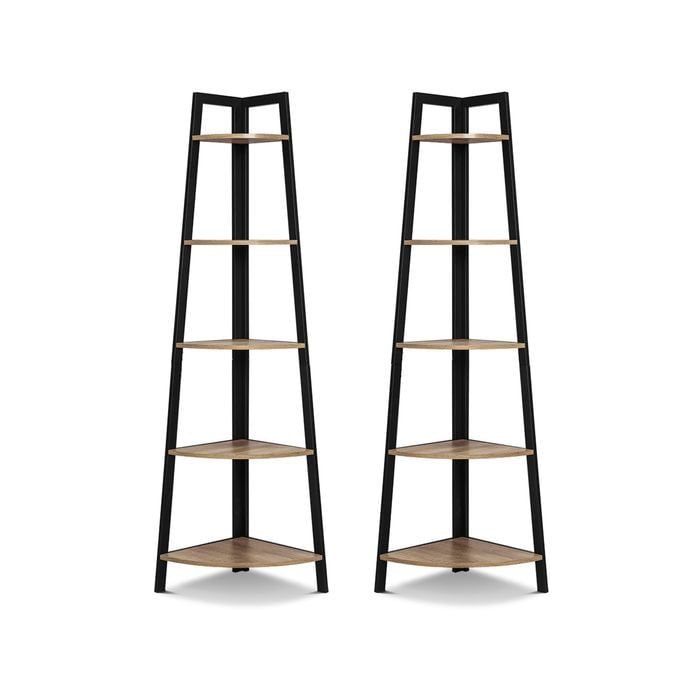 Set of 2 Rome Industrial Style 5 Tier Corner Shelf Oak