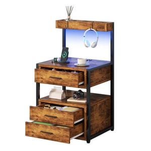 Ufurniture Side Table with Charging Station and LED Lights Bedside Table