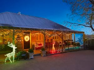 Christmas lights and decorations at the front of an old style house at night