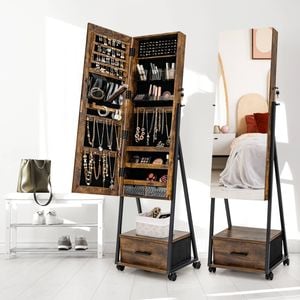 Costway Mobile Mirror Jewellery Cabinet w/Drawers Brown