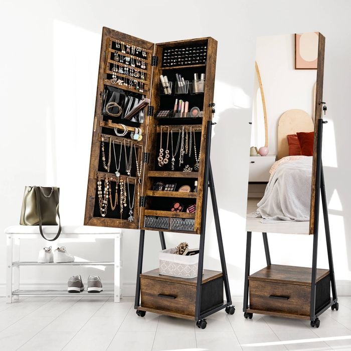 Costway Mobile Mirror Jewellery Cabinet w/Drawers Brown