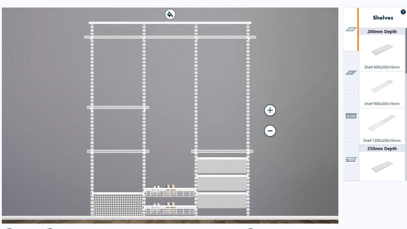 Home storage planner displaying a double-slot wall-mounted shelving configuration with shelves, wire baskets, and adjustable components. A side panel lists available shelf sizes and depths.