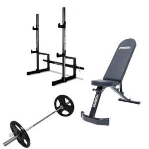 Set - Squat Rack, Adjustable Bench, 20kgs Olympic Barbell And 20kg Olympic Weights Collars