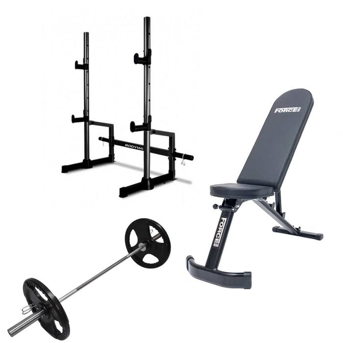 Set - Squat Rack, Adjustable Bench, 20kgs Olympic Barbell And 20kg Olympic Weights Collars
