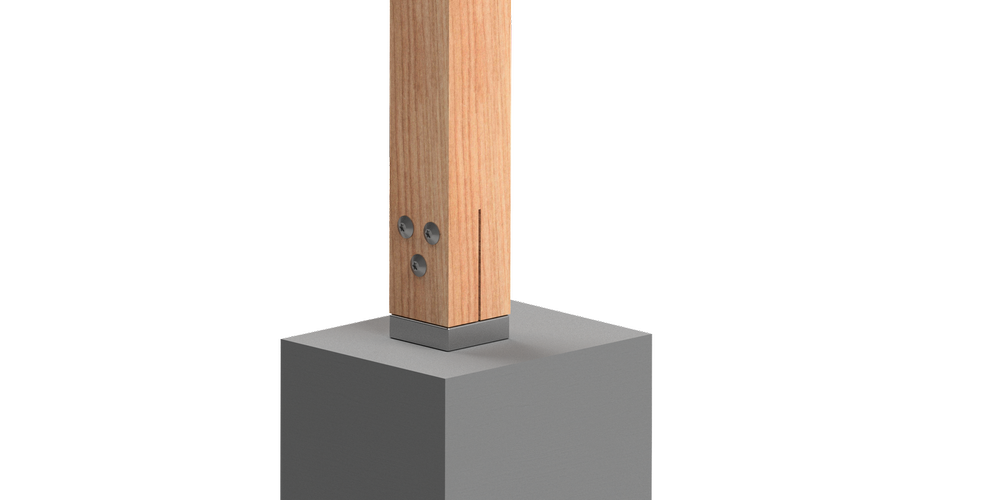 A timber
  post installed with a VUEPRO Concealed Bolt Down Post Support to suit
  90-100mm posts (I/N 0389826)