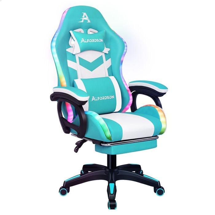 ALFORDSON Massage Gaming Office Chair LED White Cyan Bunnings