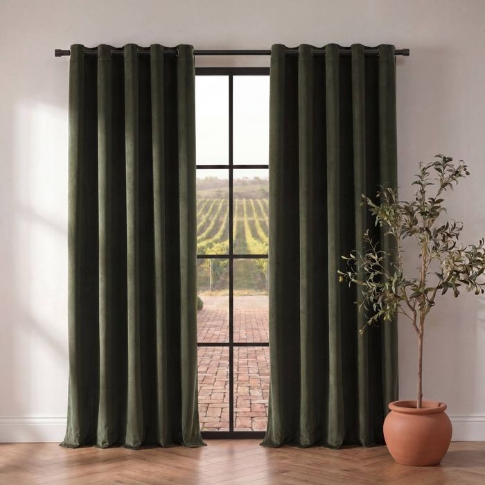 Cadence & Co. Byron Matte Velvet 100% Blockout Eyelet Curtains Twin Pack Olive 225x223cm